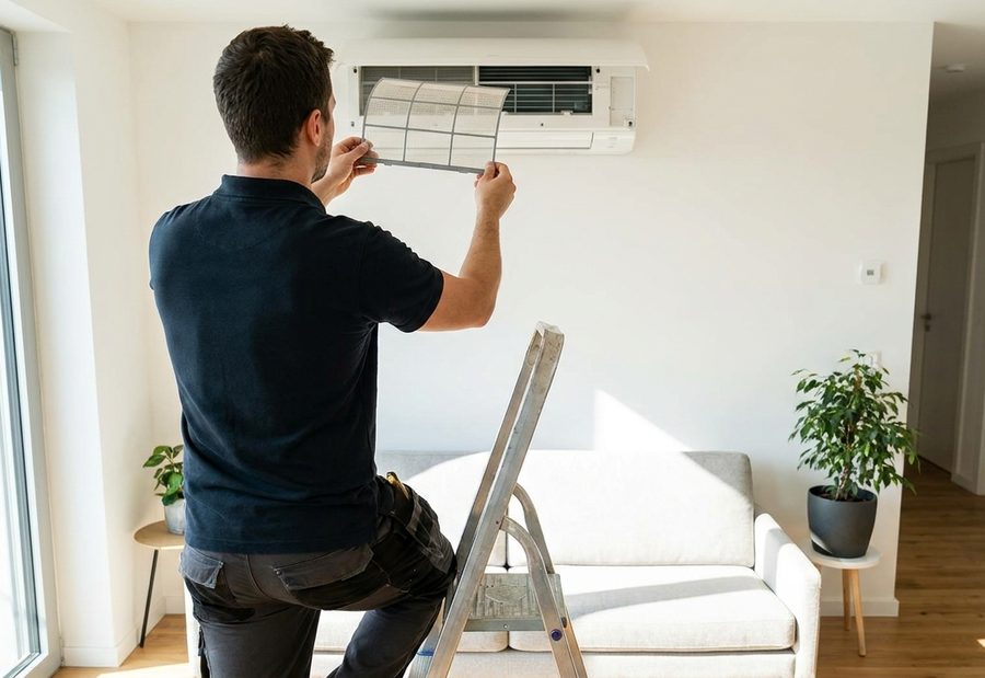 Technician servicing a wall-mounted split air conditioner