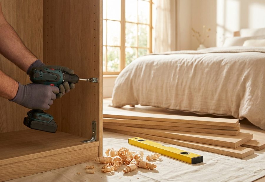 Assembling an oak wardrobe with a cordless drill