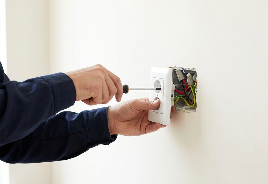 Technician installing a modern wall socket with an insulated screwdriver