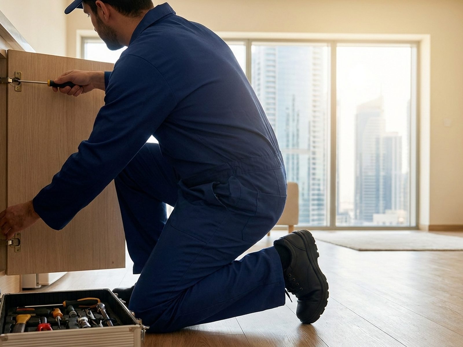 FixAll technician repairing a cabinet hinge in a Dubai apartment
