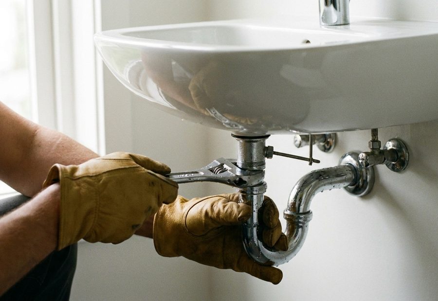 Tightening a chrome fitting under a modern bathroom sink